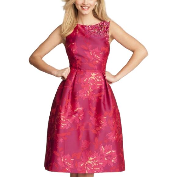 Teri Jon Dresses & Skirts - TERI JON Pink Floral Jacquard Embellished Fit & Flare Midi Cocktail Dress Sz 14